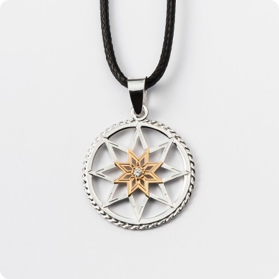 Оберег Алатырь-щит из серебра с золотом с камнем