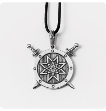 Оберег Алатырь-щит из серебра на щите с мечами