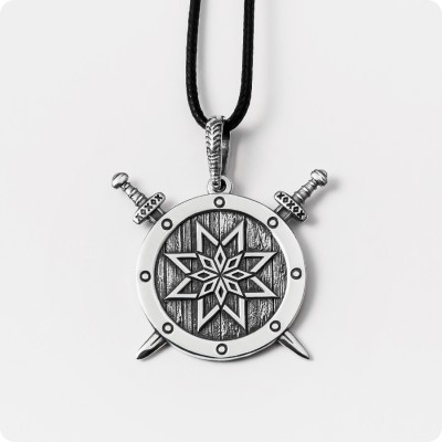 Оберег Алатырь-щит из серебра на щите с мечами